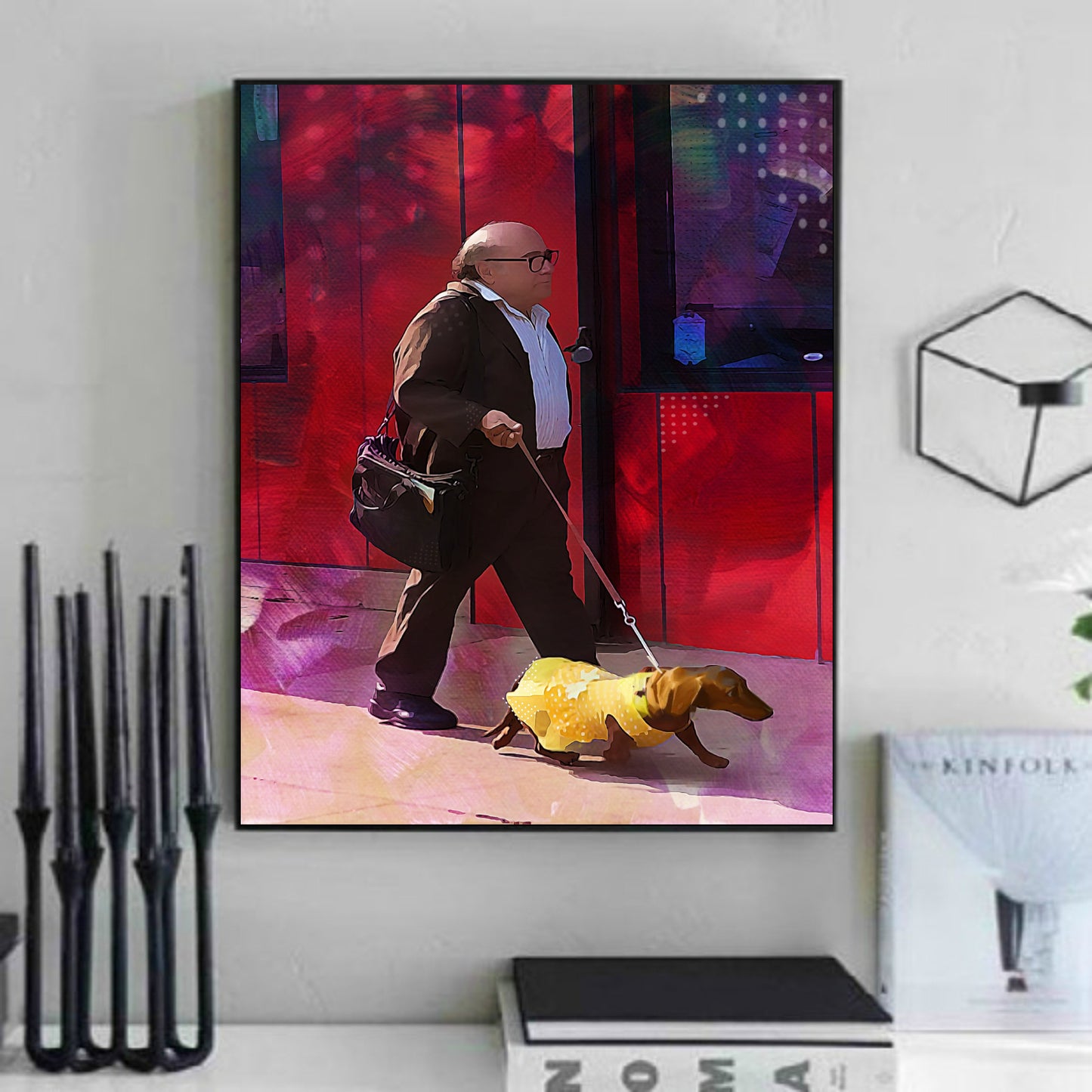 Danny DeVito walking dachshund poster