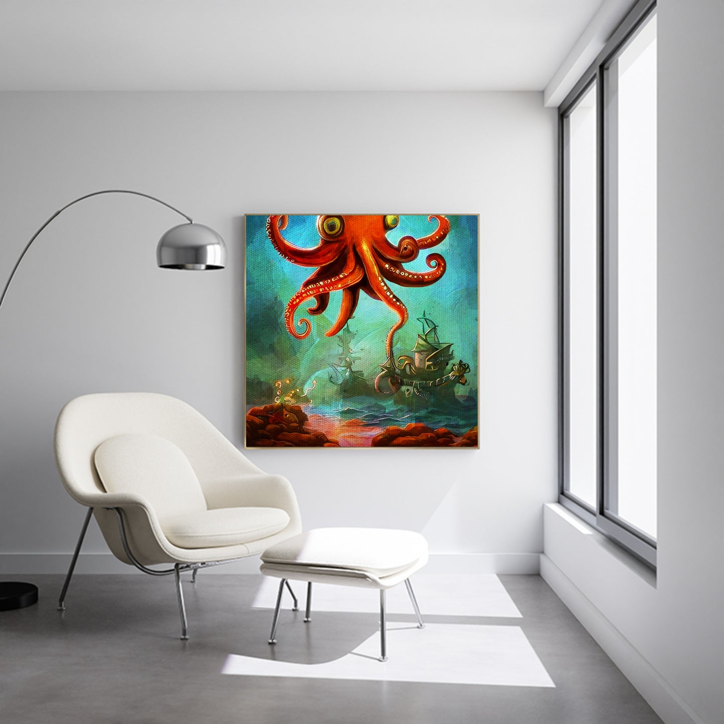 Kraken and pirate ship fantasy painting